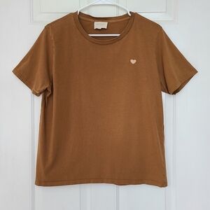 Sezane Conrad T shirt Embroidered Heart Tee Camel Brown Size Large